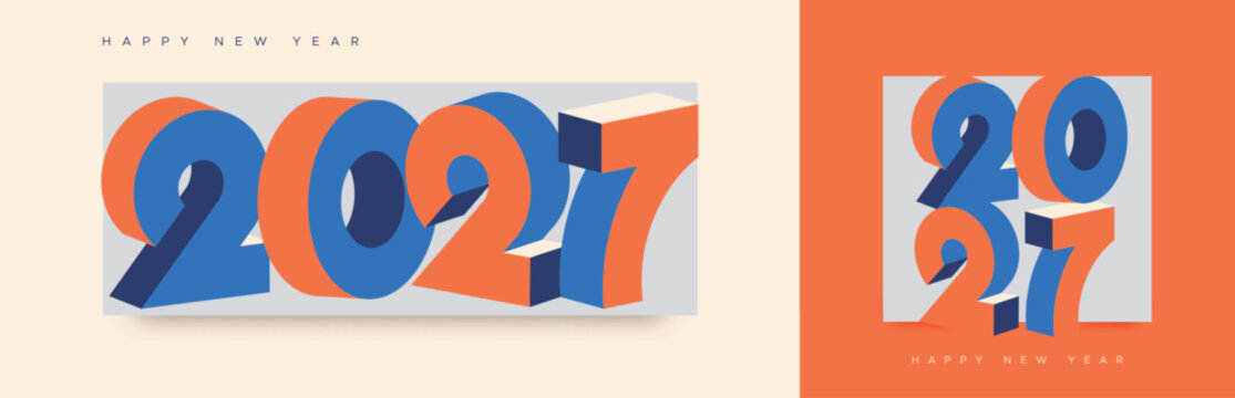 Modern 3D Happy New Year 2027 Typography Background with Colorful Geometric Numbers
