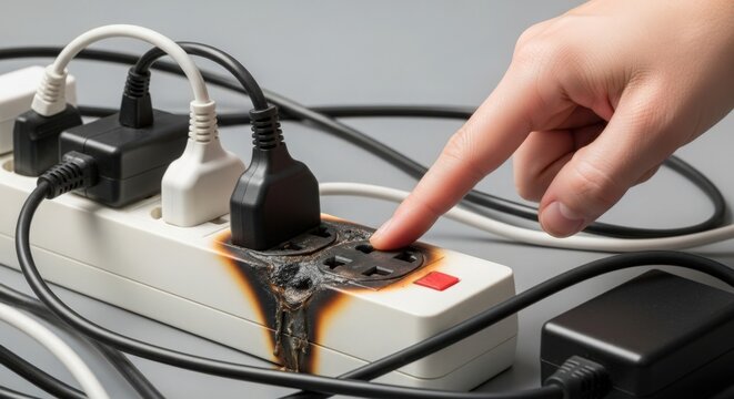 Electrical power strip with burn damage and hand touching switch cautiously. Electrical hazard presence shows burn marks on power strip, highlighted by hand's cautious interaction.