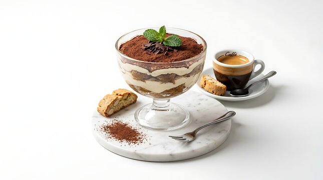 Tiramisu served in a glass bowl sits on a marble board alongside a cup of espresso and Italian biscotti.
