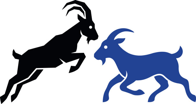 Fighting goats silhouette vector illustration with black and blue horned animals jumping on isolated transparent background