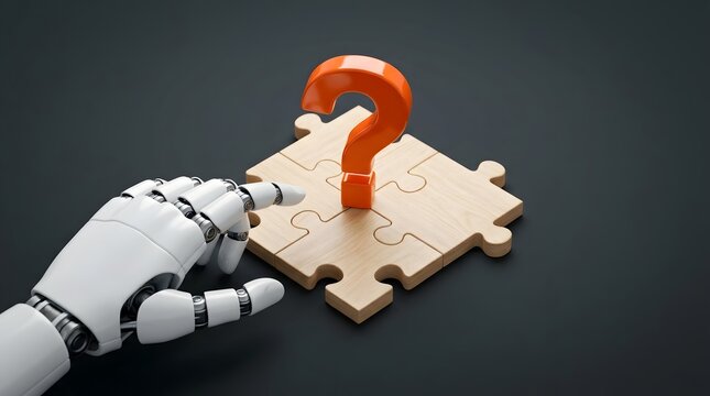 Machine learning technology finding answers robotic hand pointing at question mark puzzle representing artificial intelligence business strategy and innovation