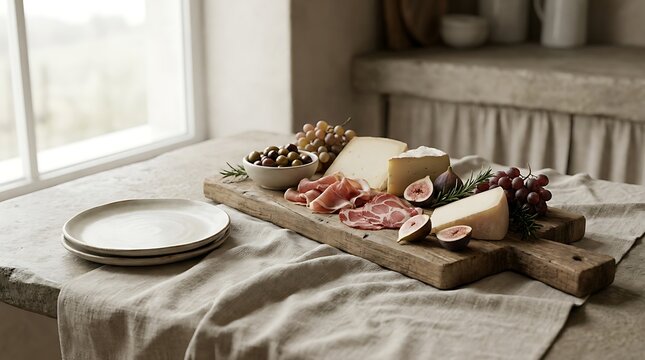 Charcuterie board features an assortment of artisanal cheeses, cured meats, and fresh figs arranged on a rustic wooden plank.