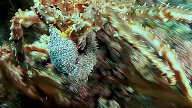 Witness majestic journey of numerous large Red King Crabs, Paralithodes Camtschaticus, as they move together across Arctic seabed's cold, pristine waters, truly epic natural spectacle unfolding.