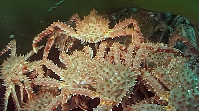 Large red King Crab Paralithodes Camtschaticus embark on an epic migration across the Arctic seabed. They journey through vast, mysterious cold waters, a timeless trek.