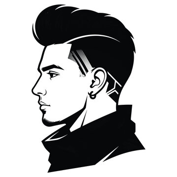 Stylish young man with a modern undercut hairstyle and earring, profile view, black and white vector illustration