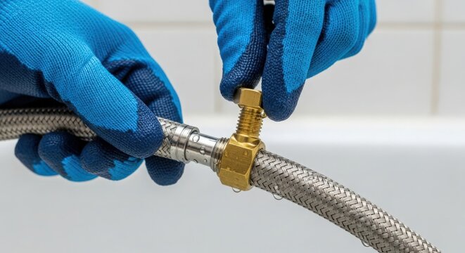 Plumbing repair with hands tightening metal hose connection. Plumbing work involves hands fastening flexible water hose to connection valve. Professional plumbing tasks essential for home maintenance.