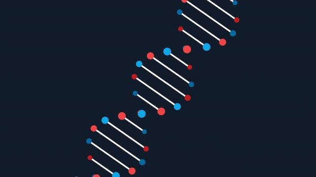 Stylized animation of a rotating DNA double helix on a dark blue background
