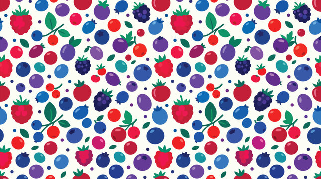Colorful seamless repeating pattern of fresh forest fruits including raspberries blueberries and blackberries on white