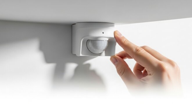 Adjustable motion sensor with hand interaction for home automation. This motion sensor allows easy manual adjustment for optimal detection area and home security.