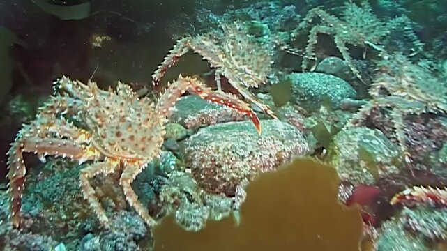 Observe a captivating migration of majestic red King Crab, Paralithodes Camtschaticus, on the frigid Arctic seabed.