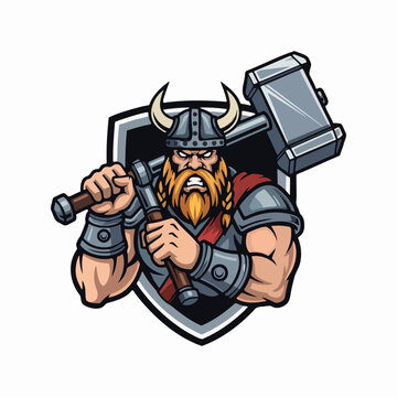 Fierce Viking warrior mascot centered frontal shot holding heavy war hammer vector sports mascot logo style with sharp cel shading on clean white background