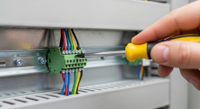 Electrical wiring setup with technician using screwdriver on terminal block, close-up view of colorful wires connecting to components.