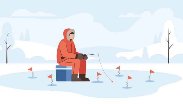 Winter ice fishing scene with a fisherman sitting on a box and holding a rod near multiple frozen holes with red flags.