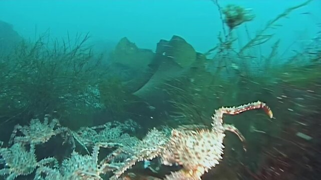Witness the majestic migration of large red King Crabs, Paralithodes Camtschaticus, traversing the vast, cold seabed of the Arctic region during their epic journey.