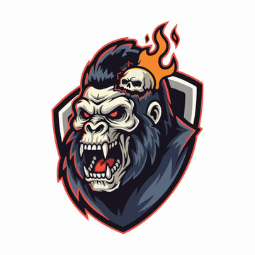 Angry gorilla mascot with flaming skull, frontal view for esports gaming, vector illustration graphic, flat lighting, isolated on white background.