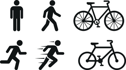 Active mobility silhouette vector icon set with walking running man and bicycle isolated on transparent background © arifa journal!