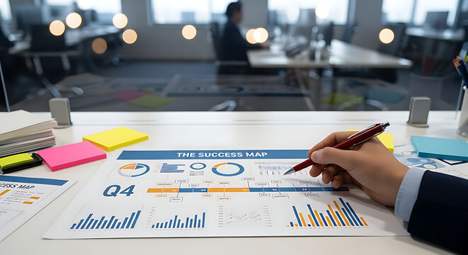 Hand Pointing at The Success Map Q4 Business Plan with Charts and Graphs on Office Desk