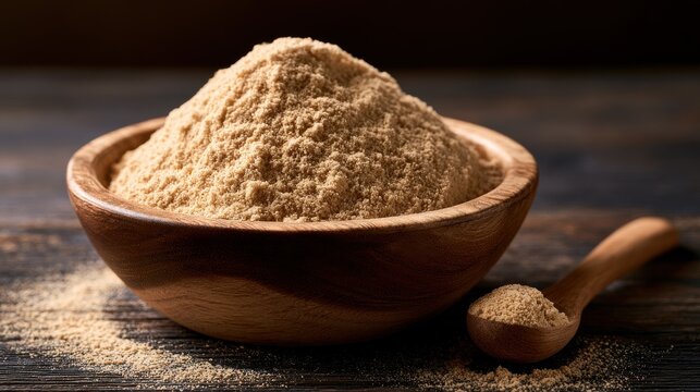 Bowl of organic maca powder or fine grain ingredient