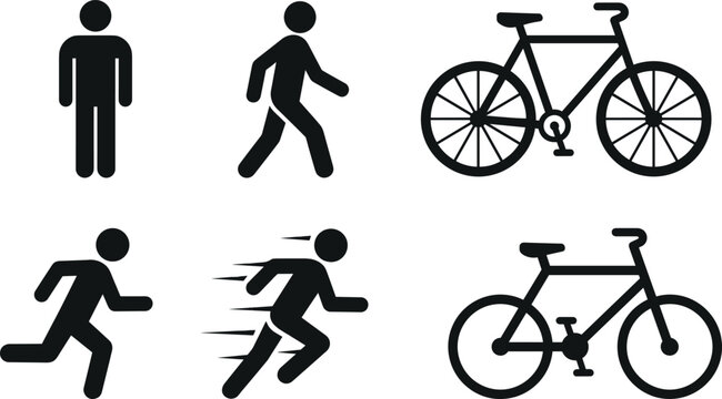 Active mobility silhouette vector icon set with walking running man and bicycle isolated on transparent background