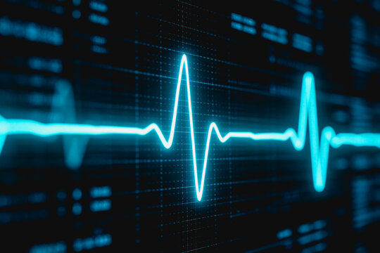 A glowing blue electrocardiogram waveform displayed on a digital medical grid monitor, representing cardiac activity.