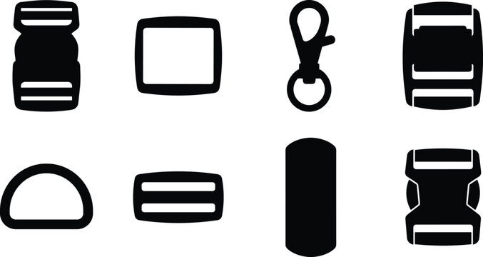 Vector black silhouette icons of backpack buckles plastic fasteners strap adjusters and hardware accessories set