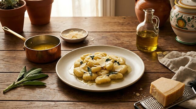 Gnocchi served with parmesan cheese and sage leaves rests on a rustic table with a copper pan.