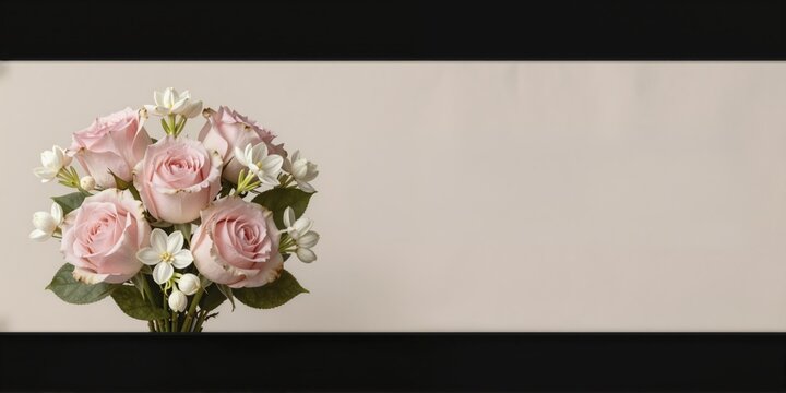 beige banner featuring pink roses and white jasmine bouquet with elegant typography and gold accents