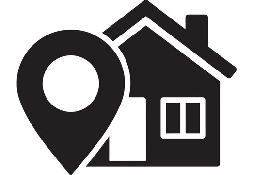 House Icon with Location Pin Symbolizing Real Estate or Property Search Featuring Home, Symbol, Map with Navigation and Address Elements