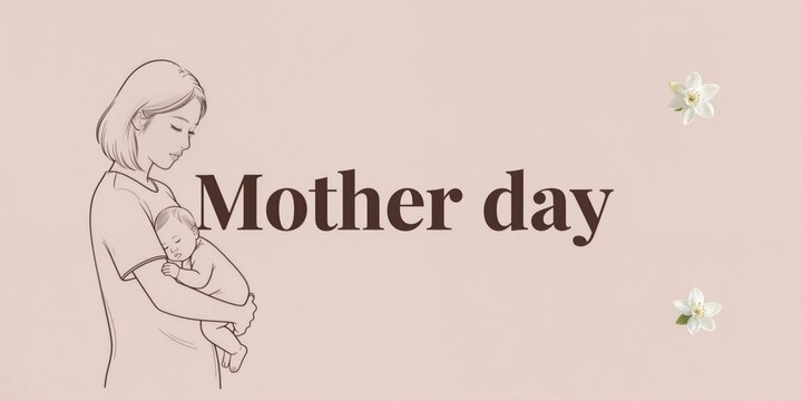 minimalist mother holding baby line art postcard with soft pink background and jasmine accents