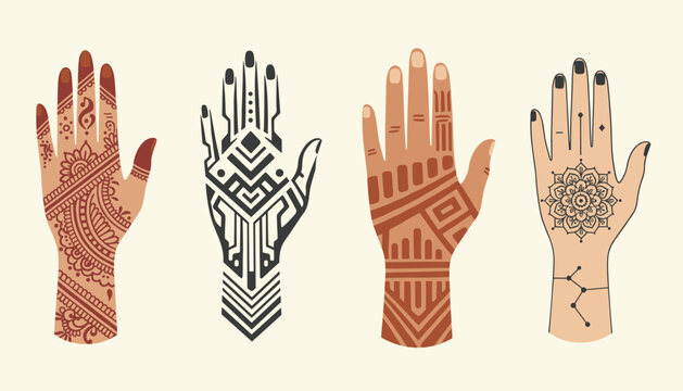Four hands showcasing unique artistic designs including traditional henna tribal patterns and geometric line art.
