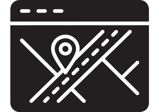 Map Pin Icon with Crossed Lines on a Black Background Featuring Location, Marker, Navigation with Gps and Travel Elements for Direction, Sign