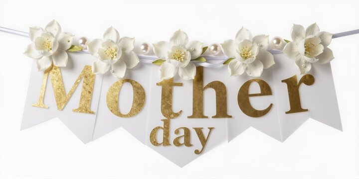 Elegant mothers day banner with white jasmine flowers satin ribbon pearl details and soft golden lighting