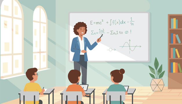 Dedicated female teacher explaining math equations on blackboard to three students in a modern classroom interior.