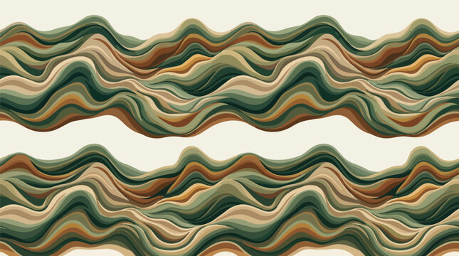 Abstract Seamless Horizontal Border with Retro Wavy Lines and Undulating Earth Tone Layers for Decorative Backgrounds