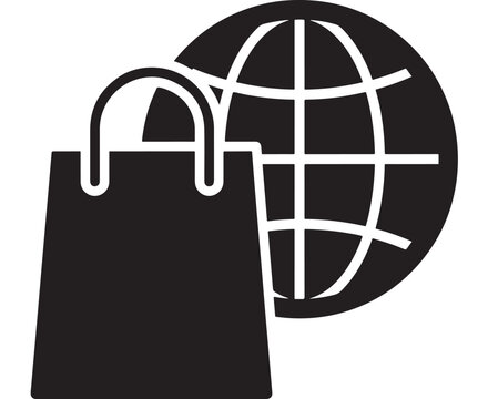 Globe Icon with Shopping Bag Graphic, E-Commerce World Trade Concept, Black and White Vector Style for Retail Marketing