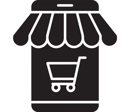 Shopping Cart Icon Under a Striped Awning Representing a Store or Market Featuring Black and White, Minimalist, Design with Vector and Illustration