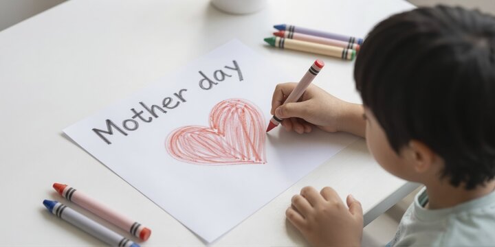 Cheerful child draws heart for mother on a sunny postcard with colorful crayons