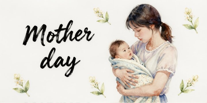 watercolor postcard of a mother holding a baby wrapped in a soft blanket with jasmine flowers