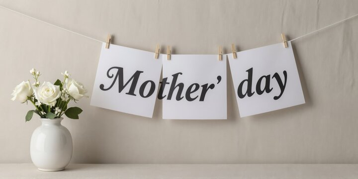 Mother day banner with white vase of jasmine and roses on a neutral linen backdrop
