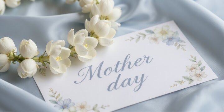 Close up jasmine garland on silk postcard with soft blue and white tones and elegant calligraphy