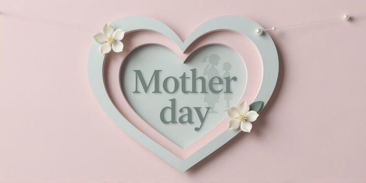 Pastel layered heart banner with mother and child silhouette and jasmine accents