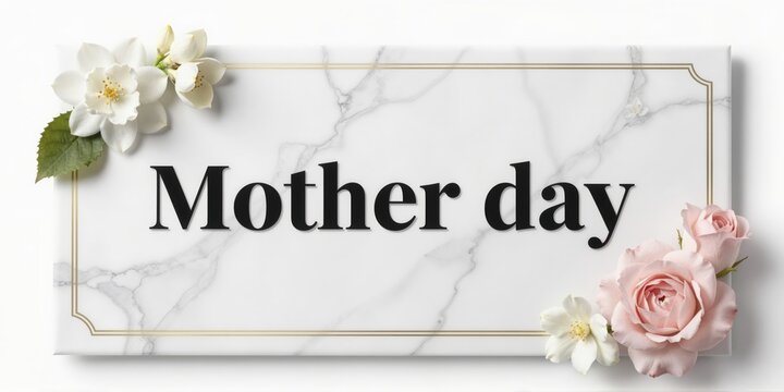luxury greeting card banner with marble background and gold line accents featuring jasmine and pink roses for mother day