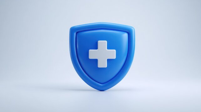 3D blue shield with white cross for medical protection and health insurance concept
