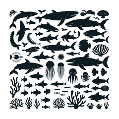 Naklejka premium Silhouettes of Underwater Sea Life and Coral vector illustration