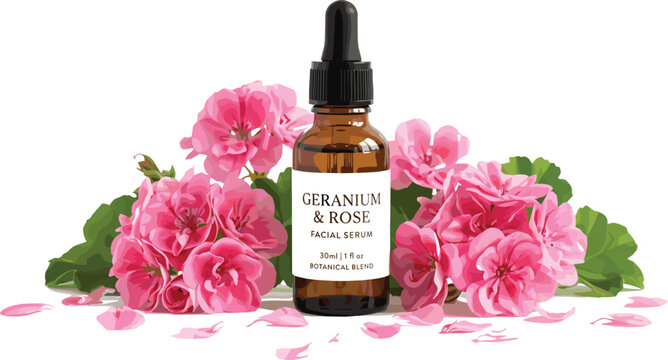 Geranium botanical serum in amber glass dropper bottle surrounded by pink flowers and petals for organic cosmetic skincare branding