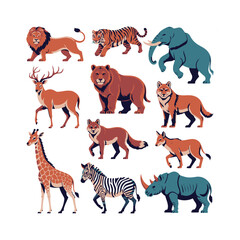 Obraz premium Collection of diverse wild animals in a colorful flat illustration style Keywords: lion, tiger