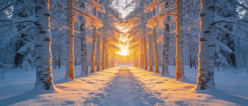 Snowy forest pathway leads to sunset through trees