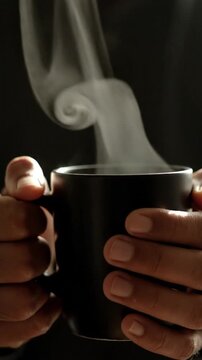 Black ceramic mug with rising steam held by anonymous hands, cozy cinematic close-up, soft natural morning window light