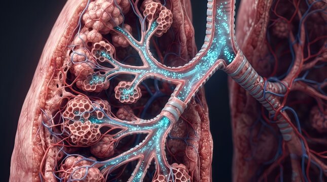 Anatomical 3D cross-section of human lung tissue and bronchial structure.