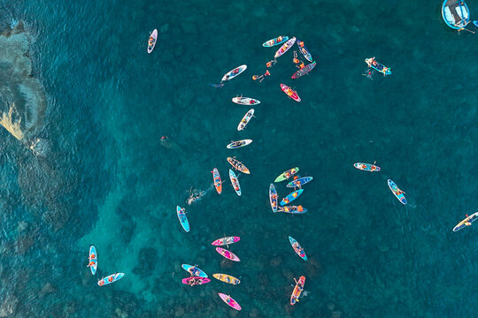 Many people are paddleboarding and swimming in vibrant turquoise ocean waters. Numerous colorful stand up paddleboards dot the clear sea on a bright day